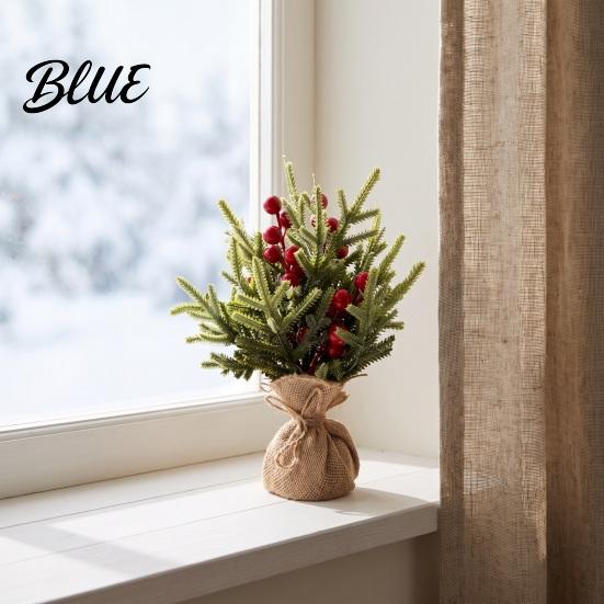 Desktop Holiday Decoration Miniature Christmas Tree with Red Berries, Artificial Mini Pine Burlap Indoor Xmas Table Centerpiece Base, Tabletop