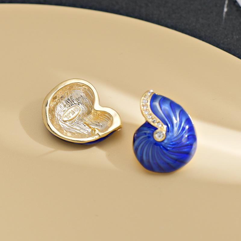 Antique Blue Enamel Conch Earrings In Oil Painting Style - Chinese Retro Inspired Fashion Jewelry