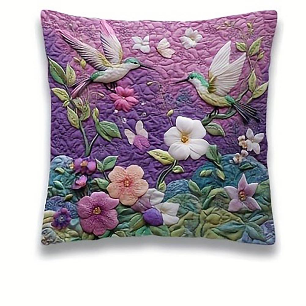 Exquisite Quilted Pillowcases with Vivid Hummingbird and Flower Patterns Sofa Cushion Cover Home Room Decoration