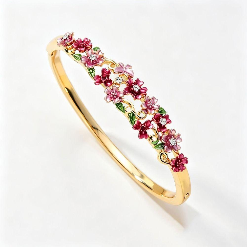 Rhinestone Decor Enamel Bracelet Colorful Floral Open Cuff Bangle Wedding Jewelry