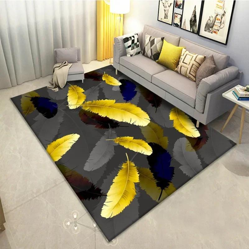 Feather Print Crystal Velvet Home Carpets for Living Room Decor Quality Wrapping Edge Rugs for Bedroom Dirt Tolerance Floor Mat