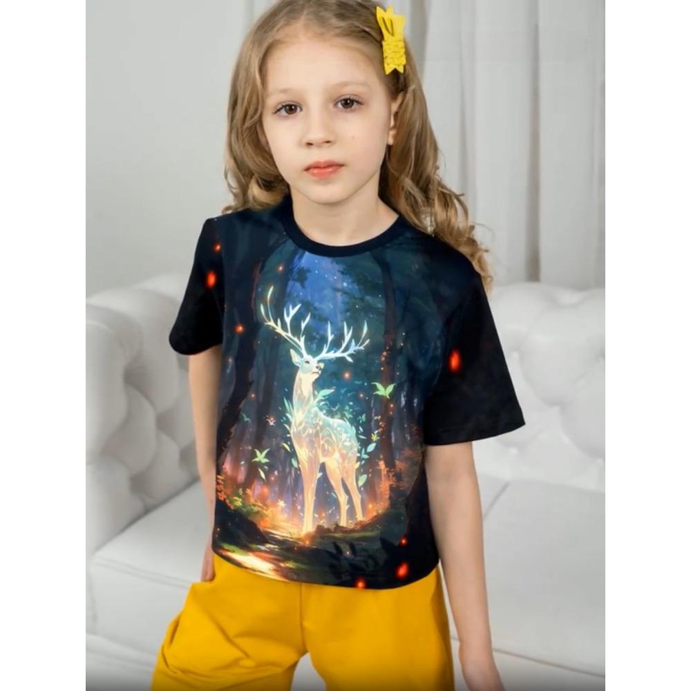 Summer T-shirt for Girls Cute Cat Print Tops Fashion Comfort Round Neck Short-sleeved Outdoors Quick-drying Children's Clothing