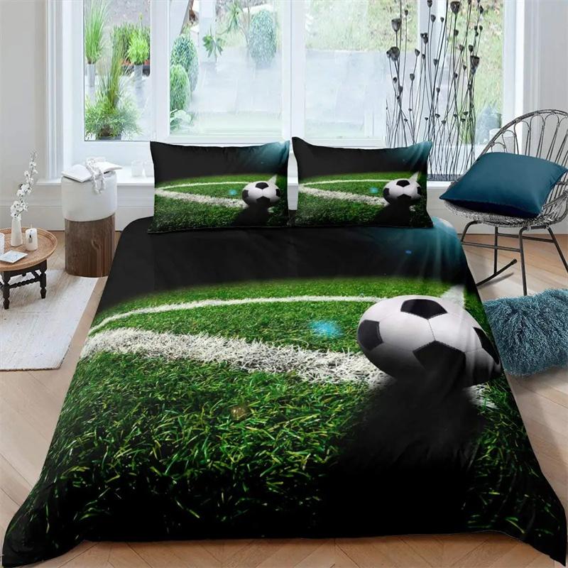 Green Football Field King Queen Duvet Cover Soccer Field Comforter Cover Boys Men Sport Games Bedding Set Polyester Quilt Cover Tool 135x200cm 2pcs