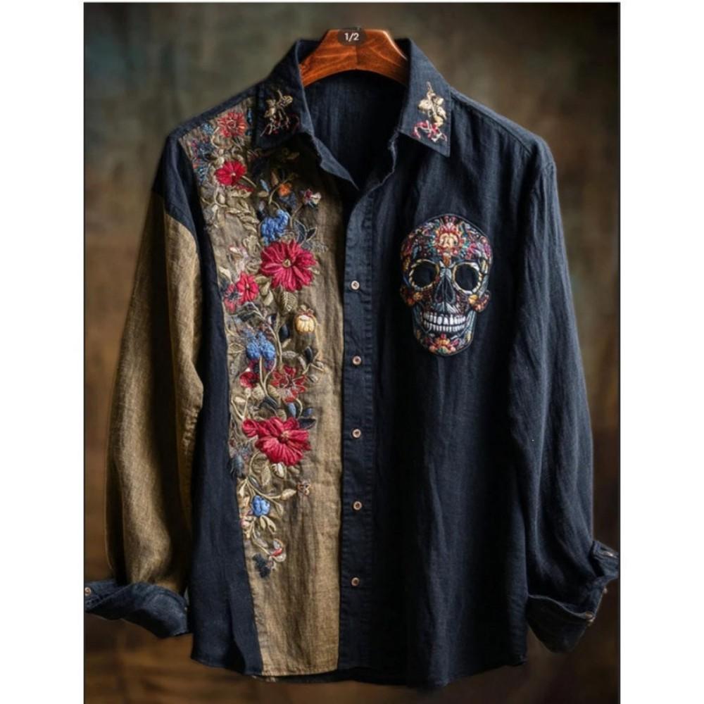 Stylish Floral Embroidered Long-sleeve Shirt, Versatile.