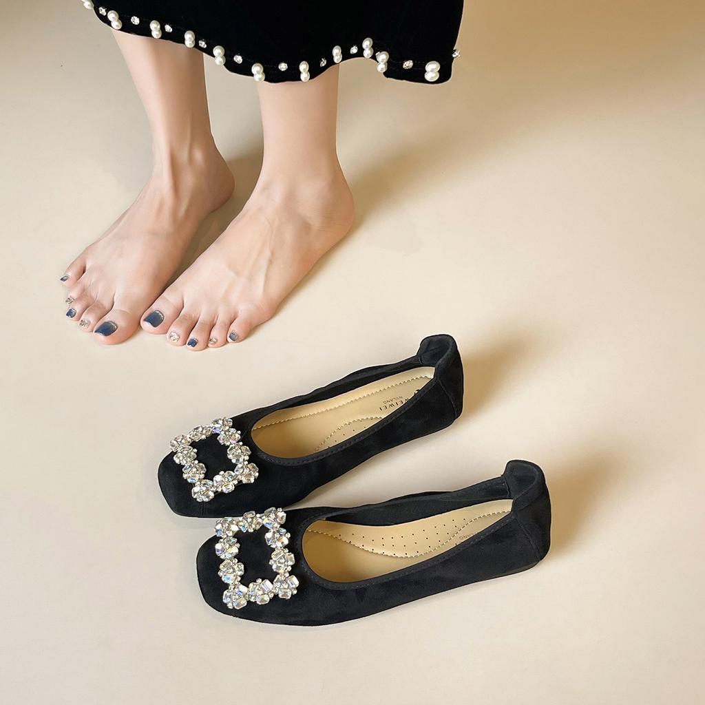 Weiwei Girl 336-23 Square Head Diamond Buckle Fairy Wind Doudou Shoes Shallow Mouth Suede Flat Sole Single Shoes Women's Commuter Shoes