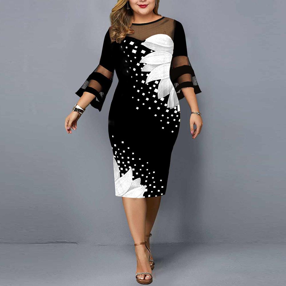 Women Digital Print Mesh Patchwork Bodycon Dress Elegant Fitted Mid-Calf Flare Sleeve Wedding Party Dress