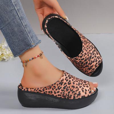 Moda Salto Médio Feminino Plataforma Chinelos Verão Plataformas Sapatos de Leopardo 2025 Novas Sandálias Slingback Chinelos Retrô Casuais Praia Sandálias