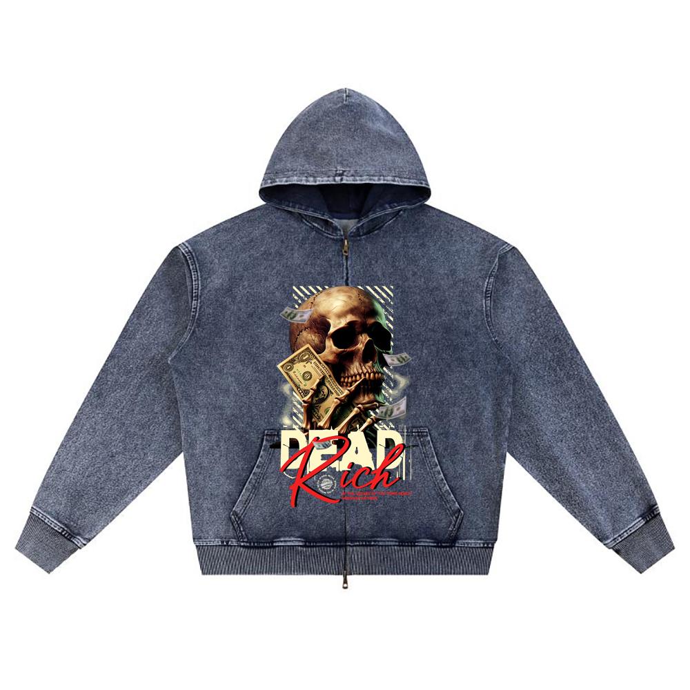 DTG Print Knitted Denim Zip-Up Hoodie Dead Rich Brother Print Zipper Hoodies