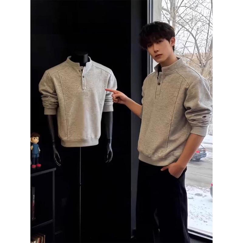 

Men s Autumn/Winter Fleece-Lined Henley Long-Sleeved T-Shirt: Thick, Warm, Loose-Fit Base Layer 2XL