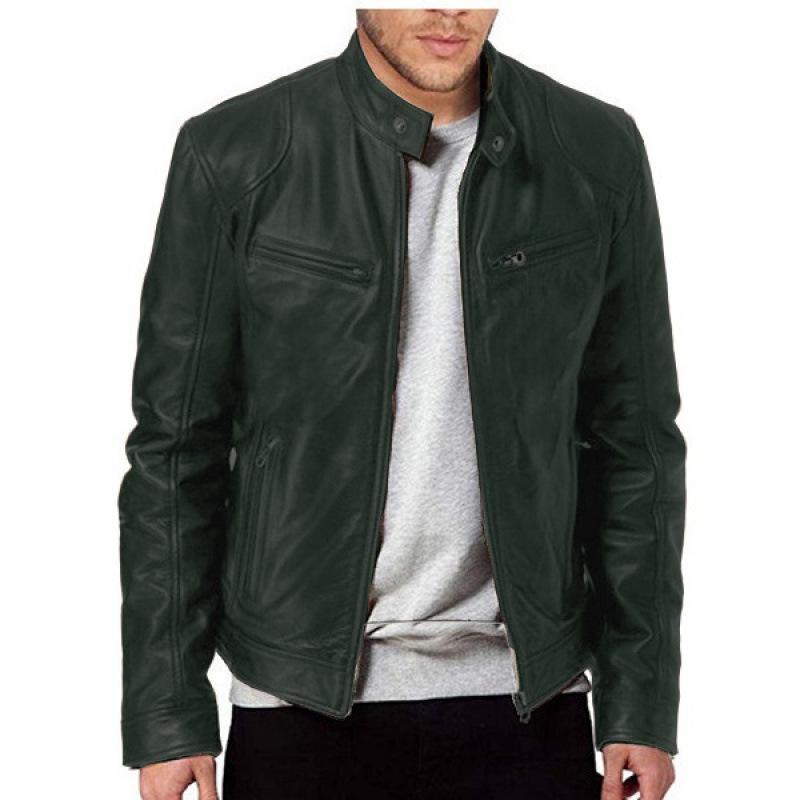 European-American Men's Stand-Up Collar Leather Motorcycle Jacket with Logo