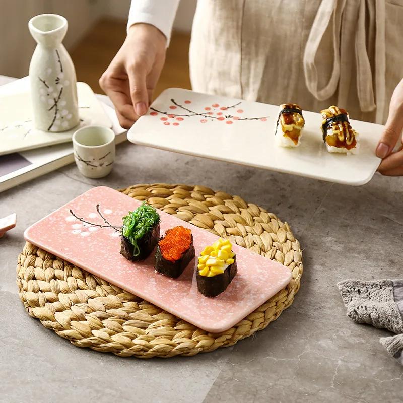 Japanese Ceramic Sushi Plate Rectangular Home Dining Dish Fruit Tray Plum Blossom Design