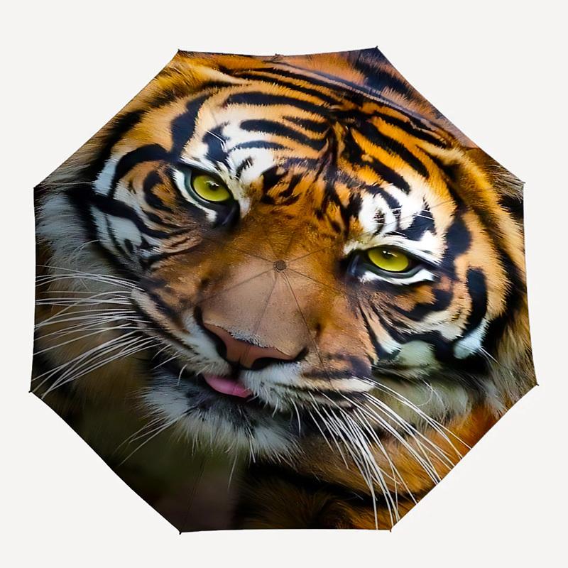 Tiger Face Themed Automatic Opening and Closing Umbrella, Brightly Colored 8-rib Portable Umbrella, Suitable for Men and Women, A Perfect Gi