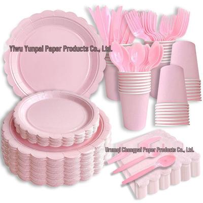 Pink Lace Disposable Party Tableware Set: Plates, Knives, Forks, and Spoons