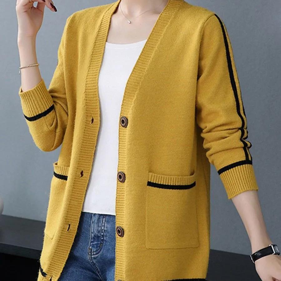 Women's Spring Autumn Outwear Cardigan Mid Length Loose Knitted Sweater Coat Knitwears Jacket