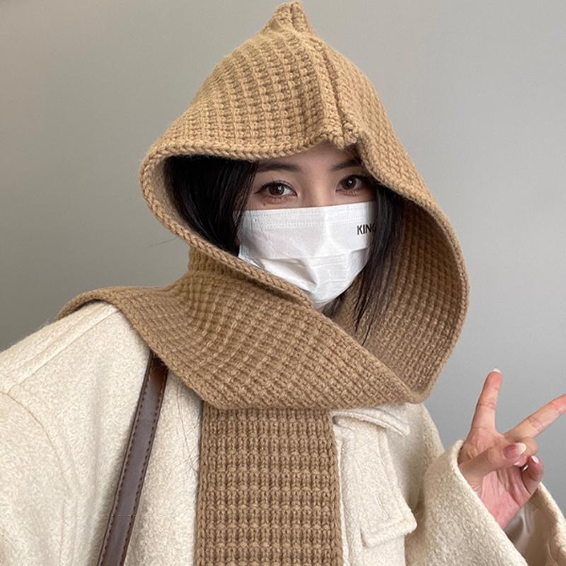 Scarf Integrated Warm Autumn And Winter Hooded Shawl Hat Dual-Purpose Knitted Scarf Wool Hat