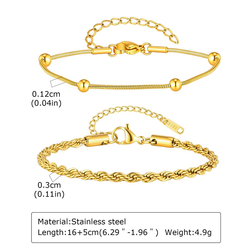 18K PVD Gold Plated Chain Bracelet Set, Adjustable Cuban Link Twist Rope Paperclip Bracelet for Women Vacation Jewelry