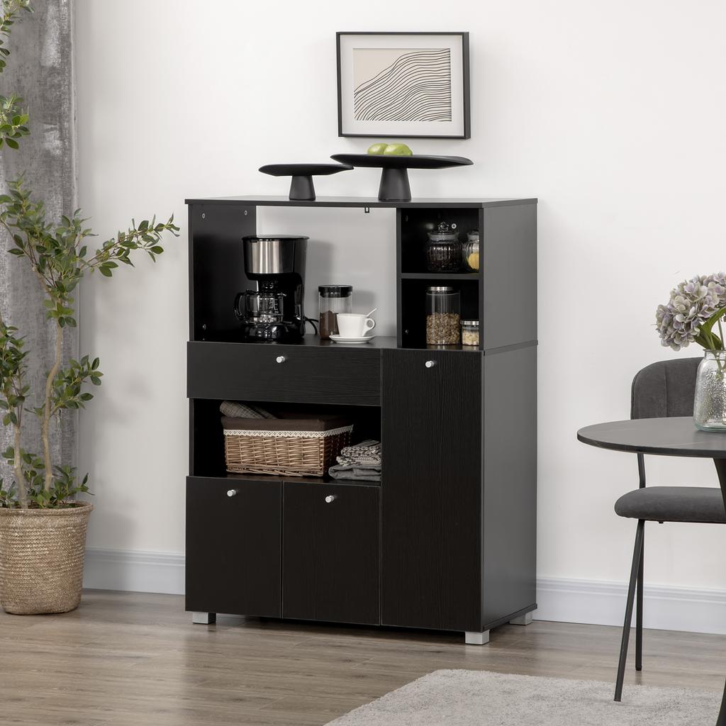 Multi-layer microwave furniture with 2 cabinets, 4 compartments and sliding drawer. Dimensions: 90 cm long x 40 cm wide x 120 cm high, in black wood