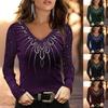 Women's Plus Size Slim Fit V-neck Printed Long Sleeve T-shirt Base Shirt