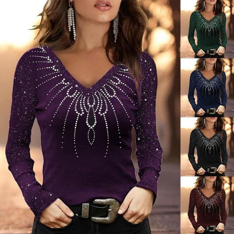 Women's Plus Size Slim Fit V-neck Printed Long Sleeve T-shirt Base Shirt