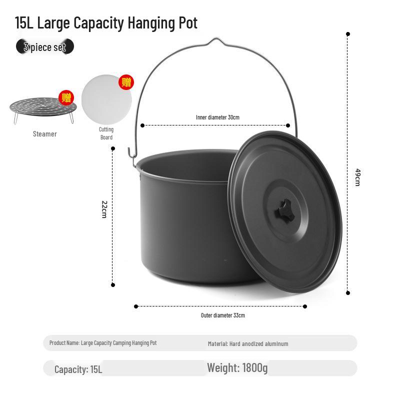 

Ultra-Light 15L Aluminum Hanging Pot for Camping – Easy to Carry Steamer & Picnic Stew Pot