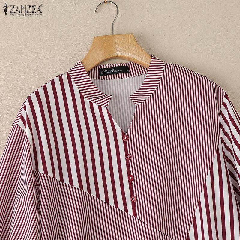 ZANZEA Women Casual V-Neck Half Sleeve Loose Stripe Blouse