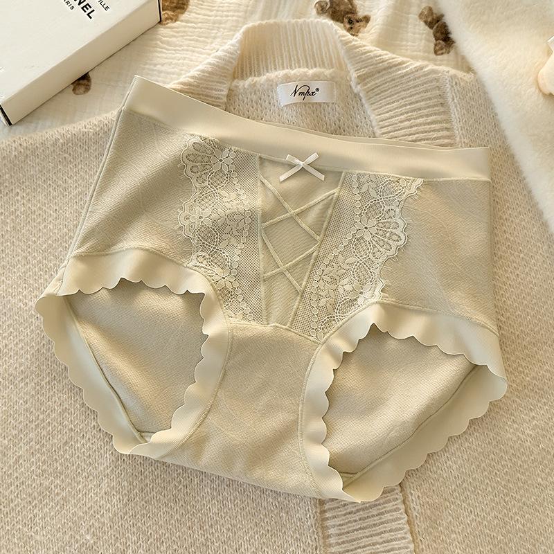 Women's Spring and Summer Lace Side Pure Cotton 10A Antibacterial Extension Crotch Light Abdominal High Briefs