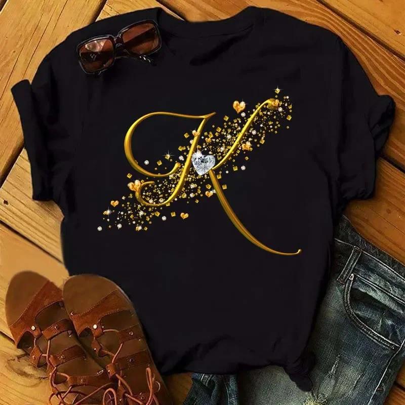 A letter combination Tshirt with a custom name suitable for short sleeved women's clothing with gold diamond letter font ABCDEF