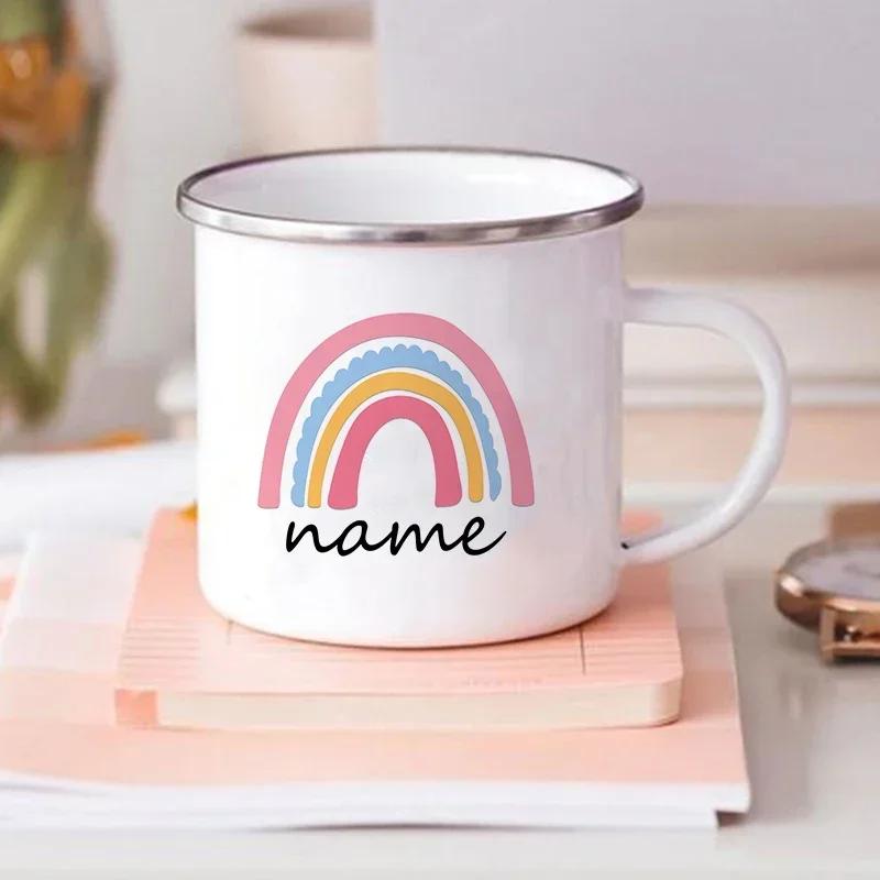 Creative Personalized Mug for Kids Drink Coffee Water Juice Milk Cups Rainbow Enamel Mugs Handle Drinkware Birthday Gift for Her