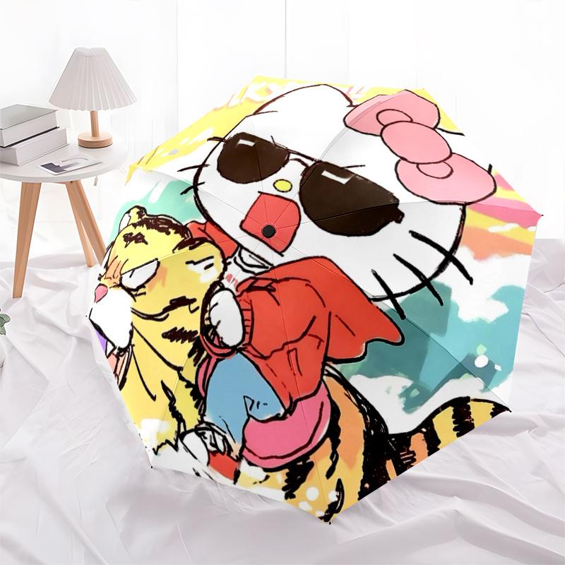 

1pc Hello Kitty & Tiger Automatic Folding Umbrella - Portable 3-Fold Design with Iron Frame, Perfect for Outdoor Use, Festive Gifts, Travel, Daily Use