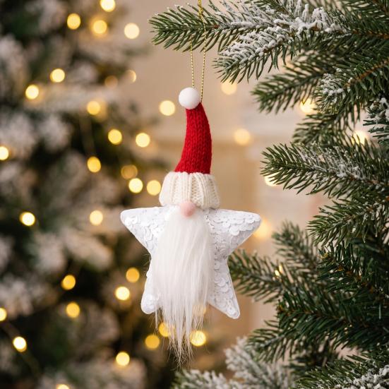 Soft Plush Decorative Figures Christmas Gnome Star Ornaments, Sparkly Faceless Dwarf Hanging Decoration with Knitted Sparkling Sequin Decor