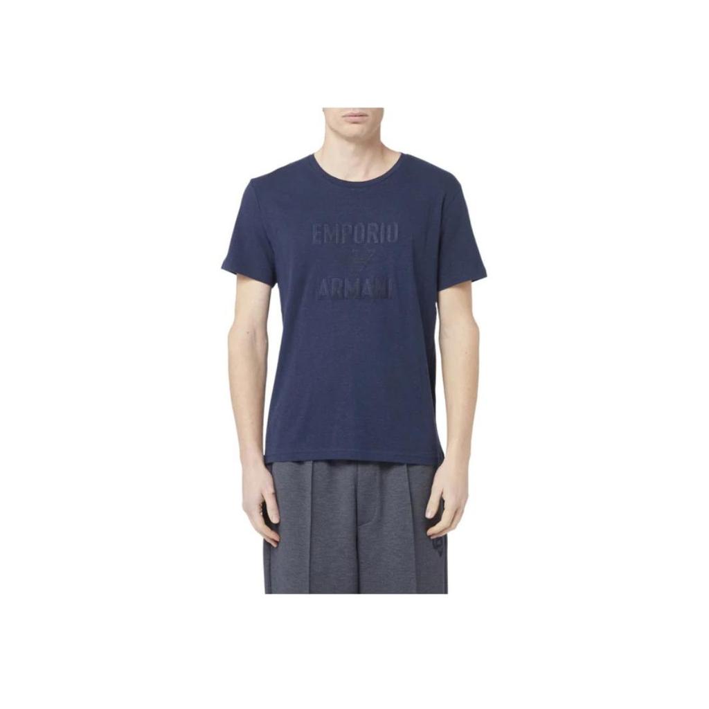 Emporio Armani Letter Embroidered Round Neck Pullover Short Sleeve T-Shirt Men Tops Navy-Blue 211818-4R485-06935