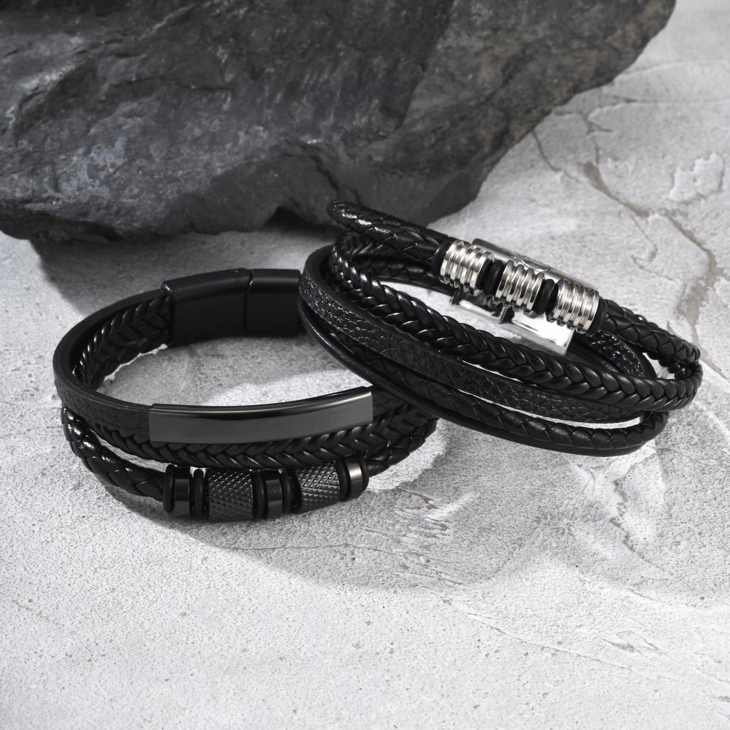 Black Multi Layers Leather Bracelet for Men,Metal Tube Charm Handmade Braided Rope Leather Bracelet,Gift for Husband Dad Son