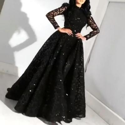 Spring Summer New European American Style Women's Long Sleeve Sequin Big Swing Evening Prom Dress