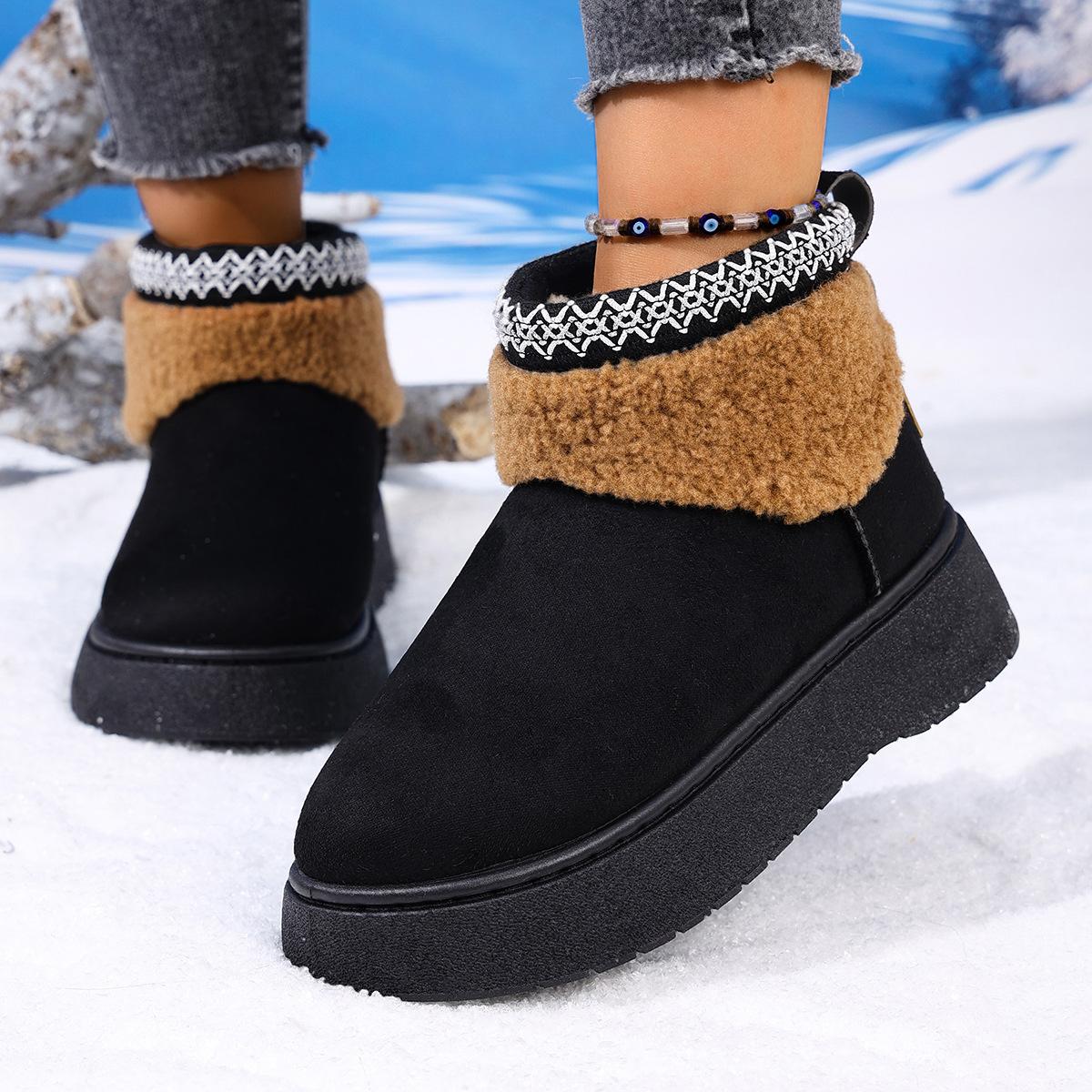 

Fashion 2025 Winter Warm Short Plush Non Slip Snow Boots Women Comfort Thick Bottom Slip On Booties Fashion Embroidery Cotton Boots 42 чёрный