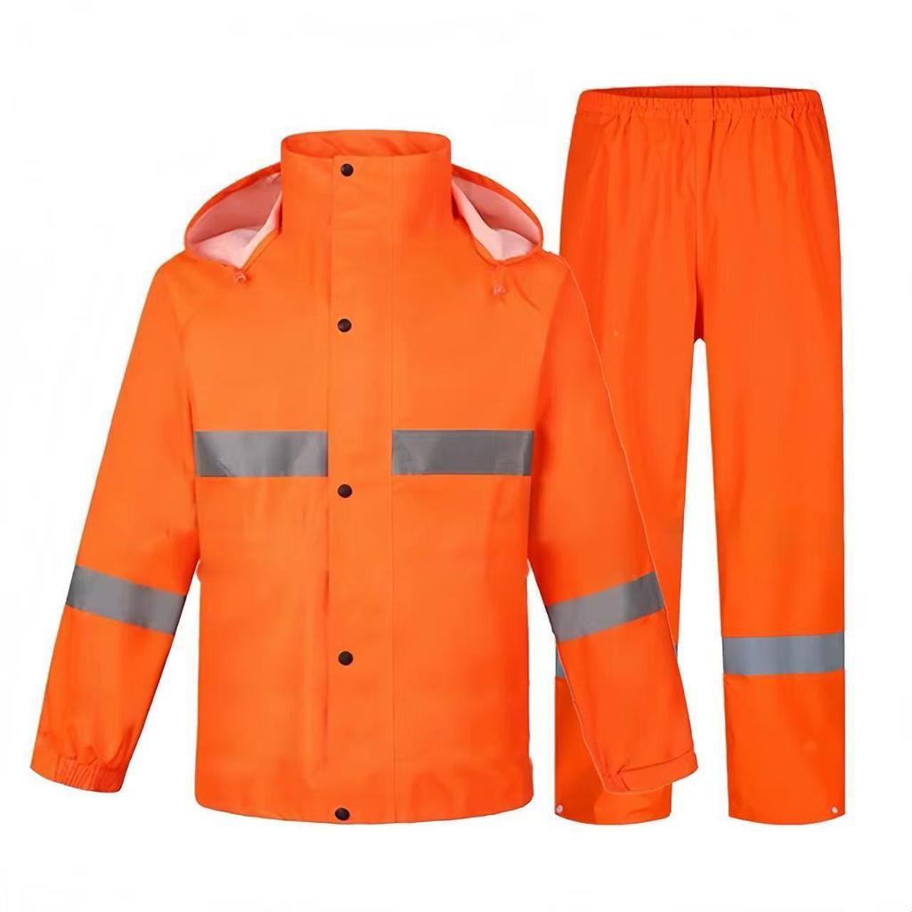 Men's Orange Raincoat & Pants Set with Reflective Strips for Construction and Cleaning