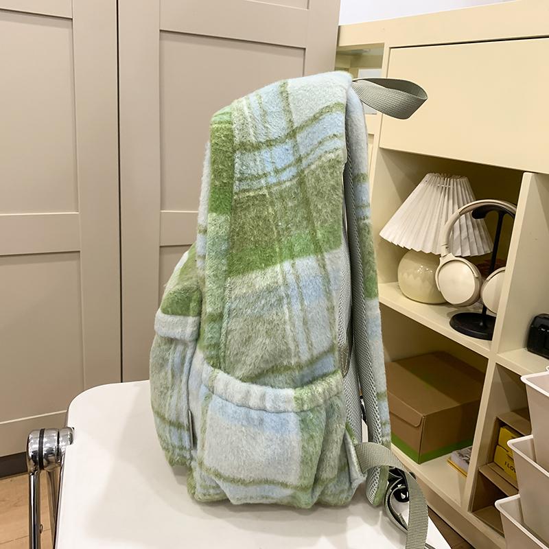 Vlněný kostkovaný studentský školní batoh s velkou kapacitou dámský batoh