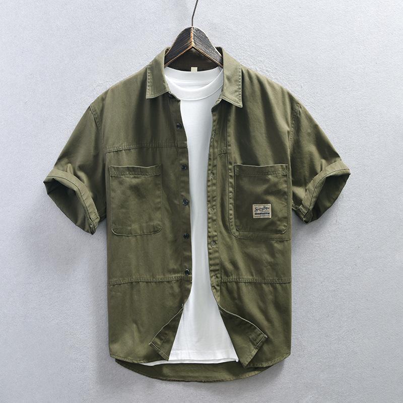 Summer Men Shirts Japanese Style Cargo Short Sleeve Shirt Male Pure Cotton Double Pockets Casual Shirt Youth Streetwear Loose Top