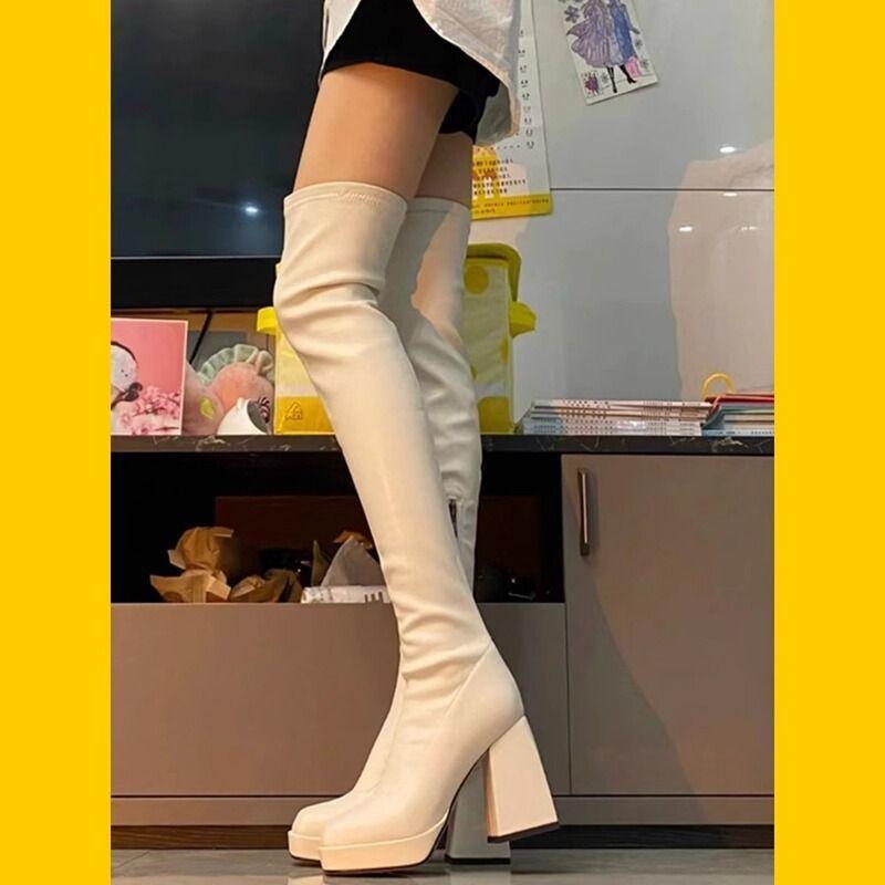 Elastic Boots Over Knee Long Boots Autumn Winter Waterproof Platform Thick-soled Skinny Boots High Heel Boots High Knight Boots Women