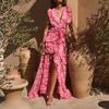 European and American women's clothing summer new French halter elegant printing and dyeing ruffle edge slit dress