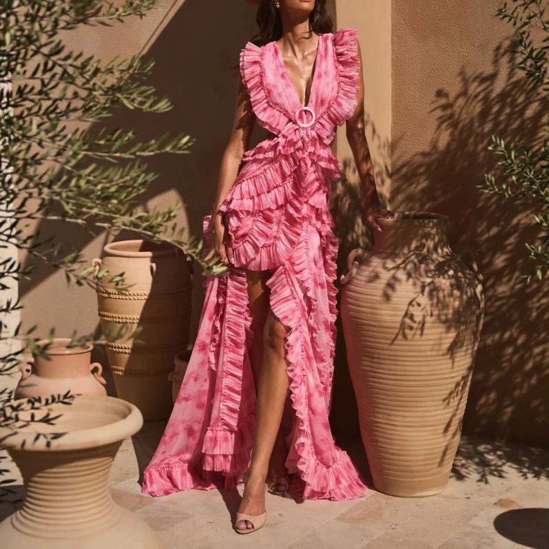 European and American women's clothing summer new French halter elegant printing and dyeing ruffle edge slit dress