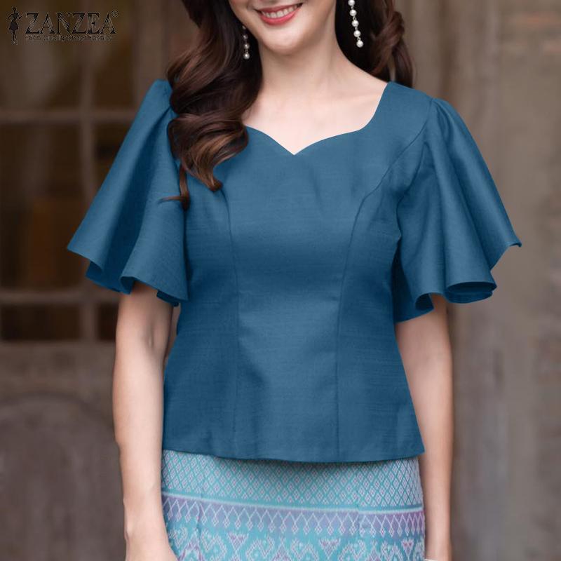 ZANZEA Women Casual V-Neck Ruffles Short Sleeve Loose Summer Blouse