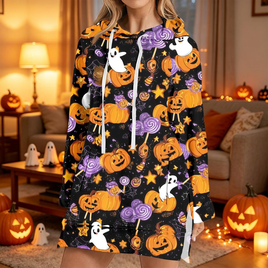 Women's Casual Long Sleeve Halloween Print Hoodie Pullover Top for Fall Festive Wear