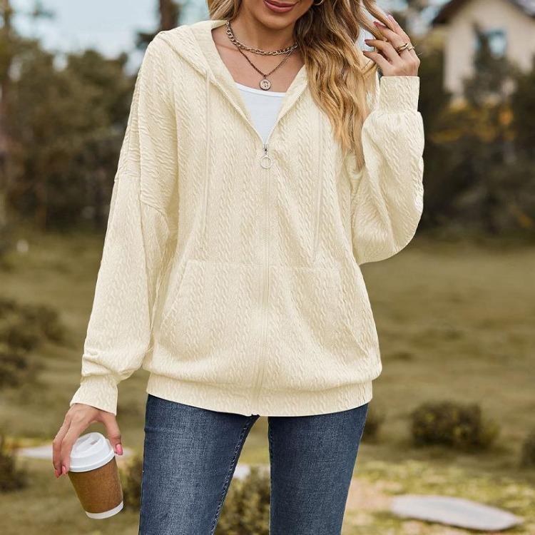 Women's Solid Color V-neck Zipper Loose Long Sweatshirt Jacket