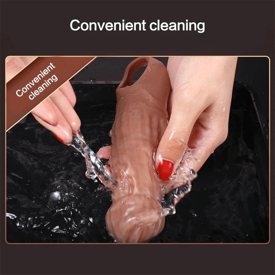 Reusable Penis Sleeves High Elastic Condoms Cock Soft Extender Enlargement Delay Ejaculation Sex Toys for Men Couple