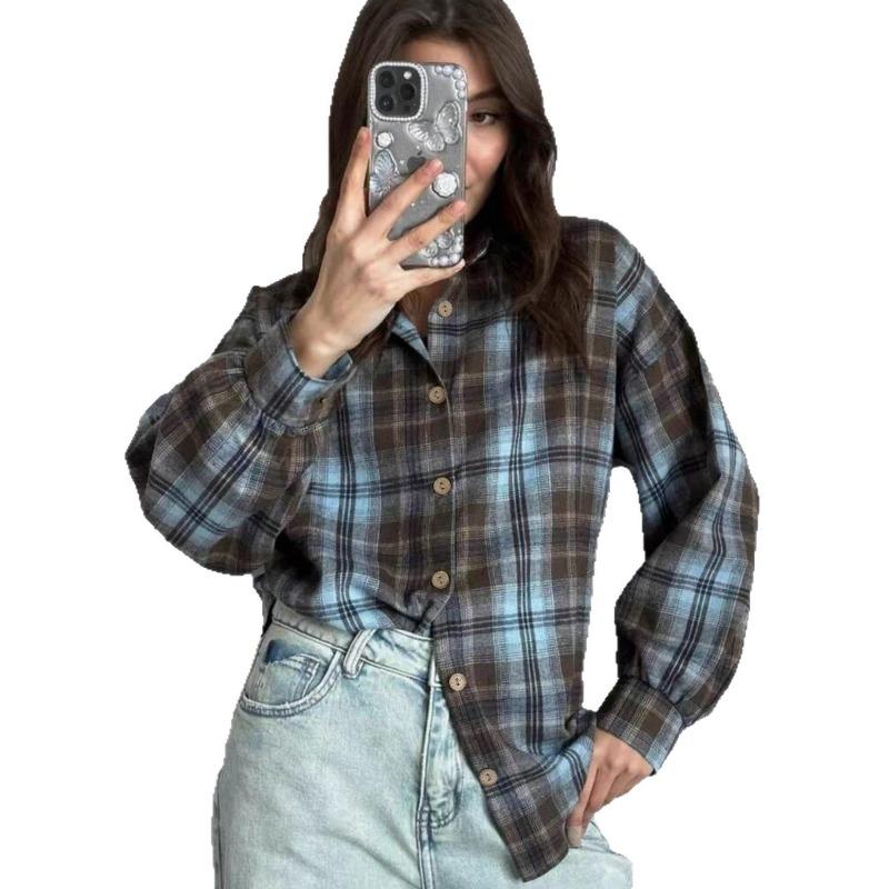 women plaid button down shirt collared long sleeve casual oversized fit blouse