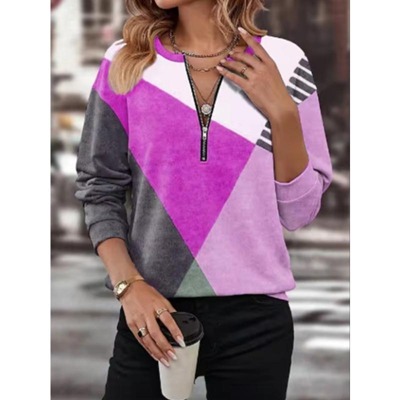 T-shirt da Donna a Maniche Lunghe con Zip e Scollo a V Stampata Color Block Moda High Street Elegante Stile da Pendolare Top Autunnale