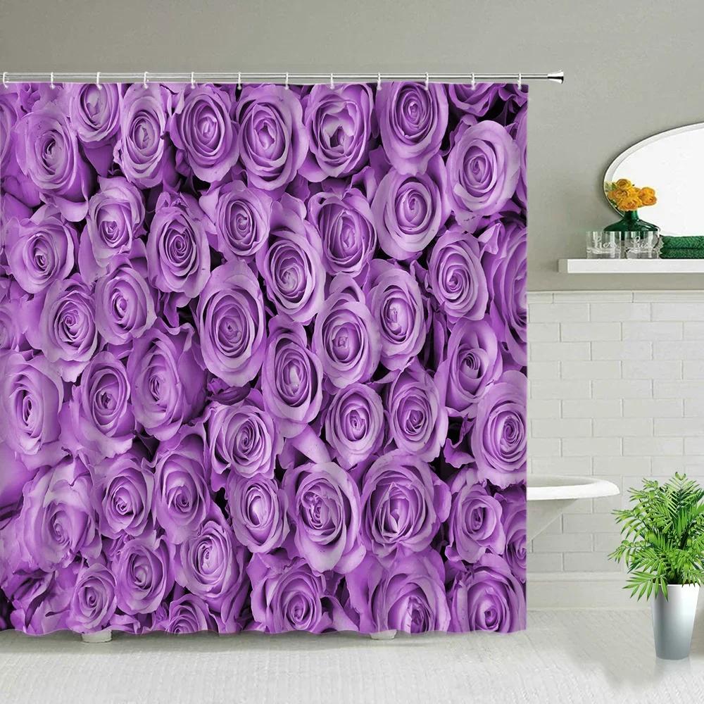Romantic Rose Shower Curtain Set - Vibrant Red & Purple Floral Designs for Elegant Bathroom Décor, Waterproof & Easy Care