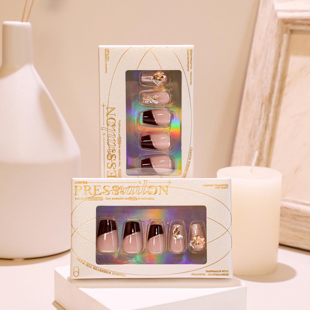 24 Pieces Sense Manicure French Red Light Luxury Wearing Nail Champagne Flash Diamond Flash Powder Nail Piece