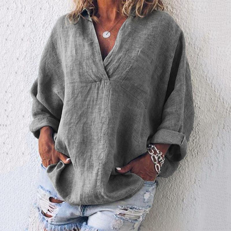 Women's Fashion Casual Cotton Linen V-Neck Long Sleeve Pullover Top