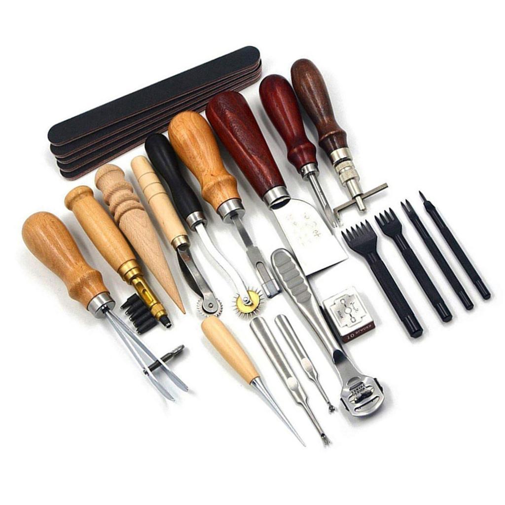 19pcs Set Leather Craft Punch Tools Leathercraft Stitching Carving DIY Handmade Groover